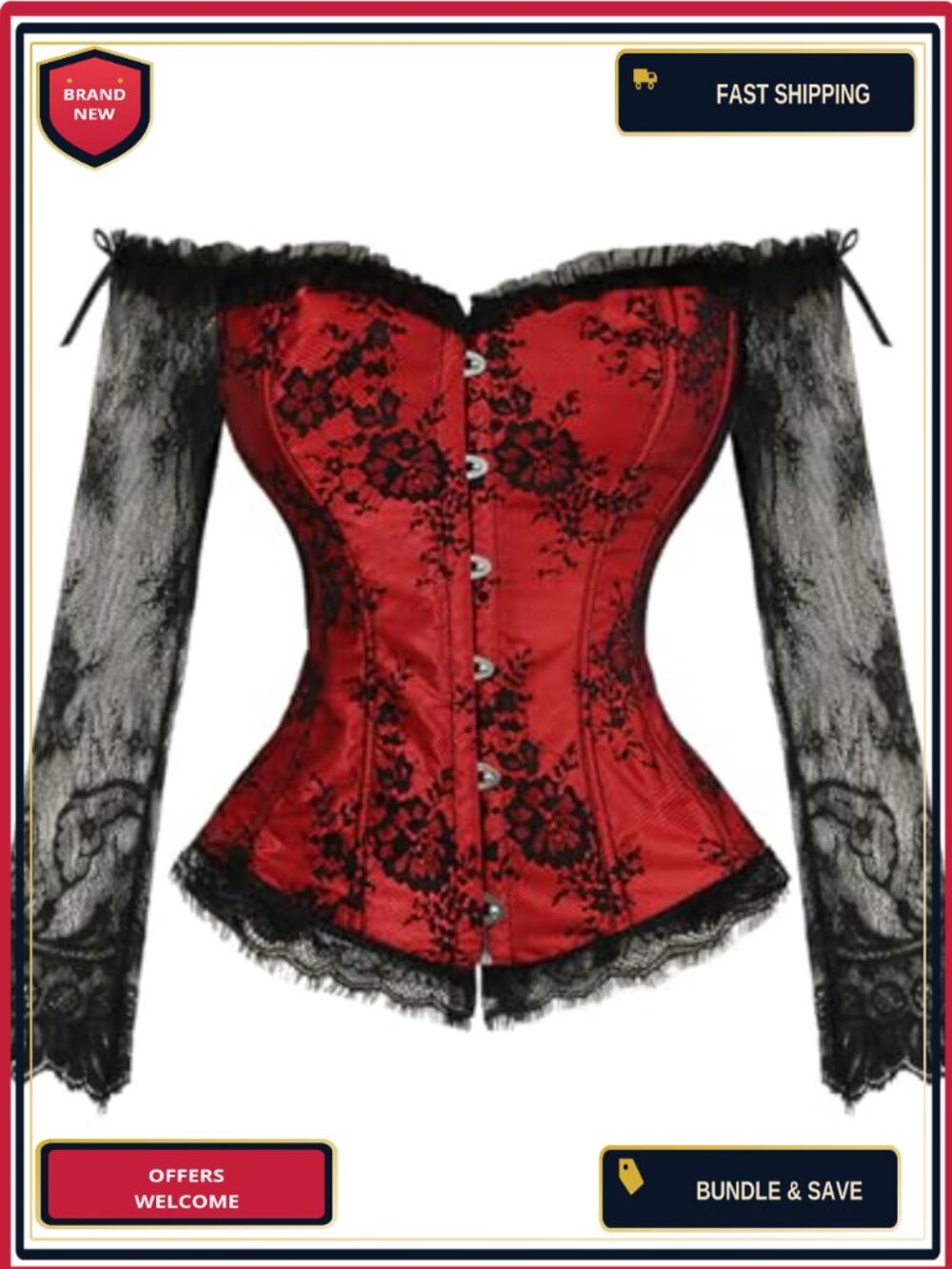 Emprier Women's Lace Corset Top Gothic Long Sleeve Bustier Off Shoulder
